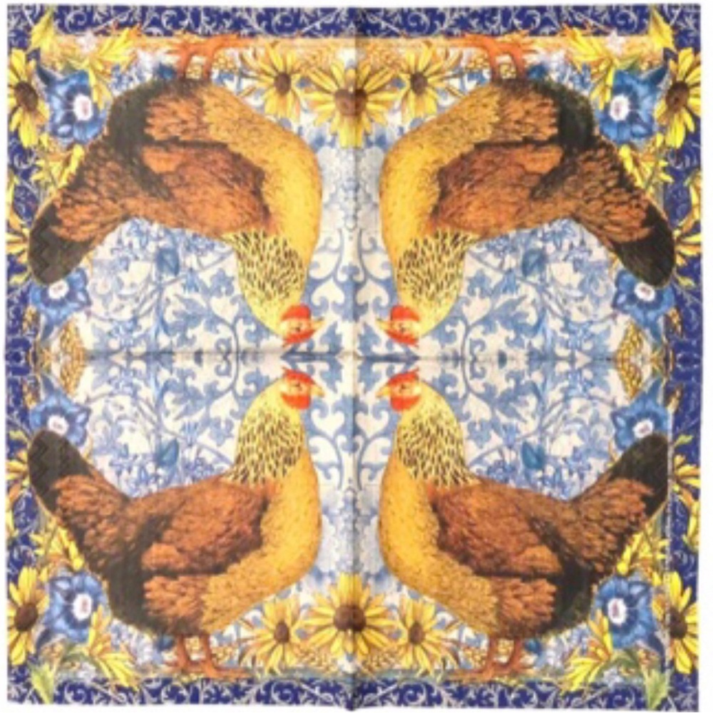 One (1) Individual Farmhouse Chicken Decorative Napkin with Sunflower Motif
